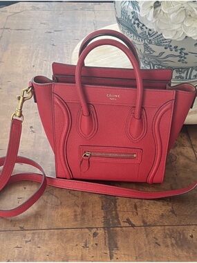 Celine Red Micro Luggage Tote Satchel with Detachable Strap